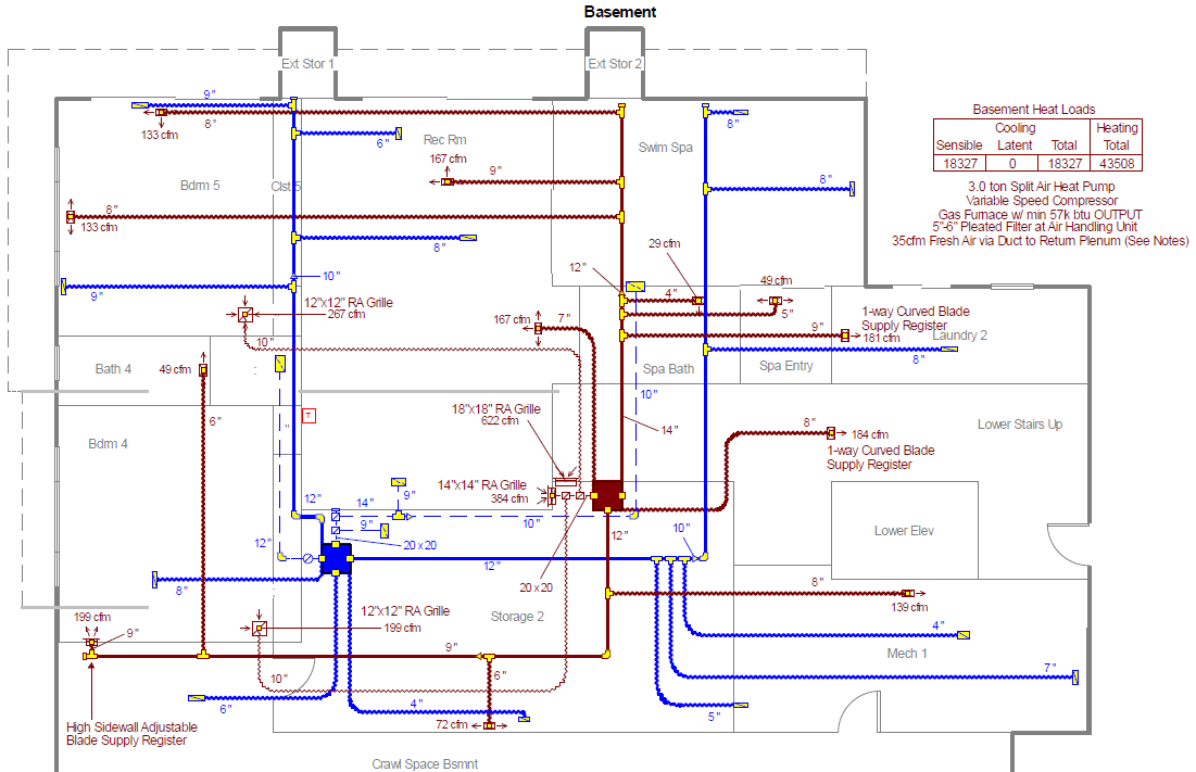 Sample Manual D duct design drawing for a basement HVAC system, created by ConsultAir
